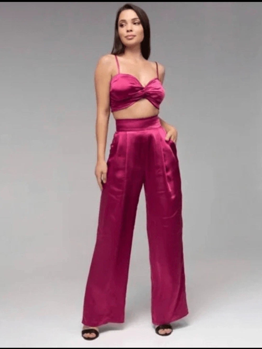 DREW Silk-Look Wide-Leg Pants in Fuchsia